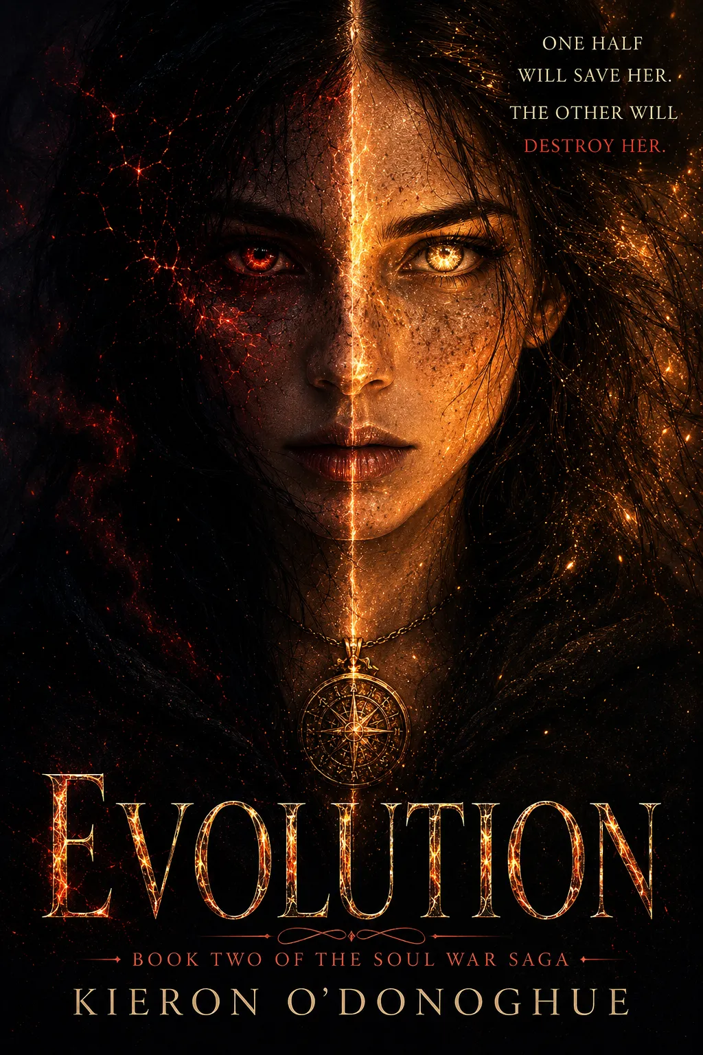 Cover of Evolution, Book Two of the Soul War Saga by Kieron O’Donoghue: a young woman’s face split in two — one side fiery with a glowing red eye, the other lit gold — wearing a glowing amulet, with the tagline “One half will save her. The other will destroy her.”