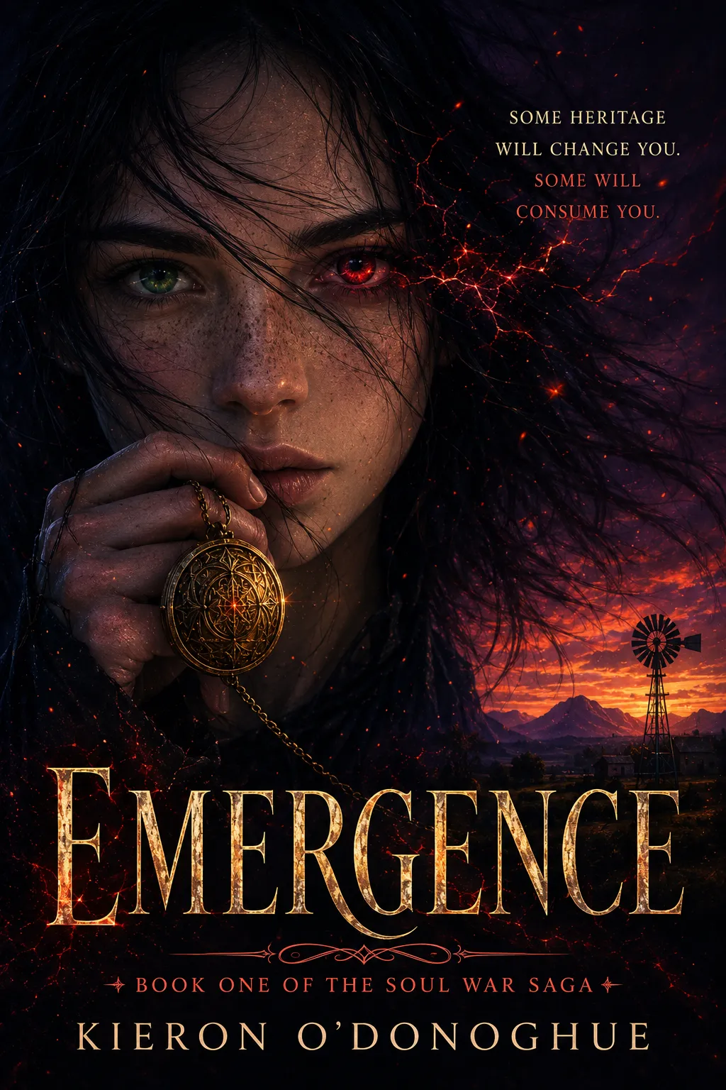 Cover of Emergence, book one of the Soul War Saga by Kieron O’Donoghue: a young woman with one green eye and one glowing red eye, holding a golden amulet, against a dark fiery sky.